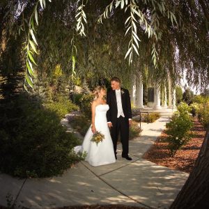 Bride and Groom in Memory Grove under trees